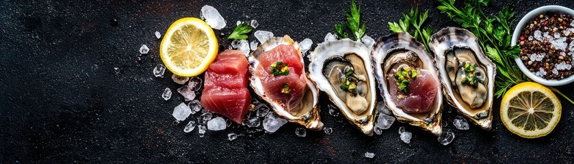 Fresh Oysters with Tuna and Lemon on Ice