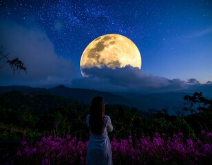 Woman gazing at a large moon over a mountain range at night