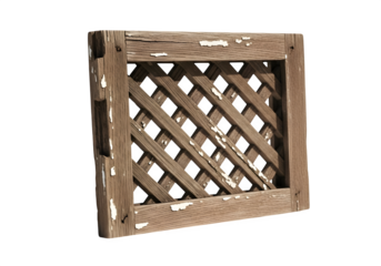 Rustic wooden lattice window frame with weathered paint, showcasing aged texture and vintage charm, isolated on transparent background