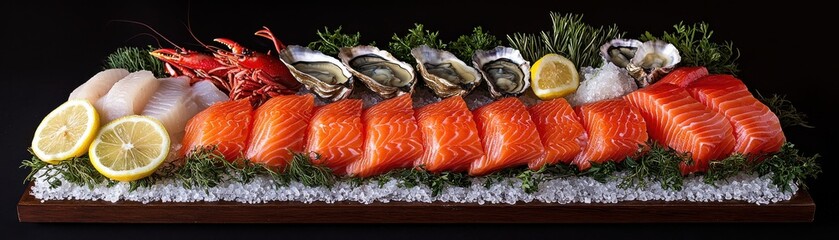 Fresh assorted seafood platter with salmon and oysters