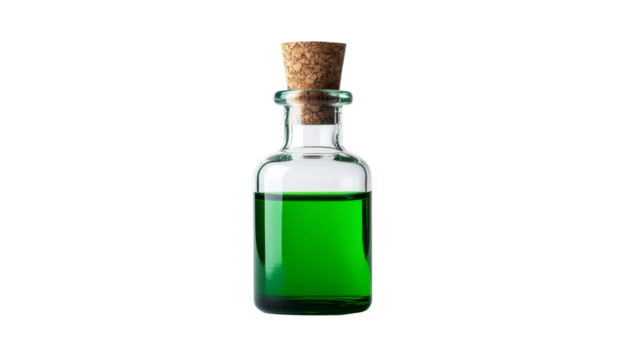 Glass potion bottle filled with glowing green liquid, cork stopper and tiny label, isolated on transparent background, fantasy Halloween vibe