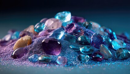 A vibrant pile of assorted polished gemstones in shades of purple, blue, and pink rests on a bed of shimmering, purple-blue sand against a dark background.