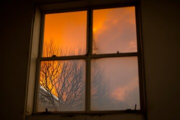 wildfire with smoke outside window. Fire disaster near residential area