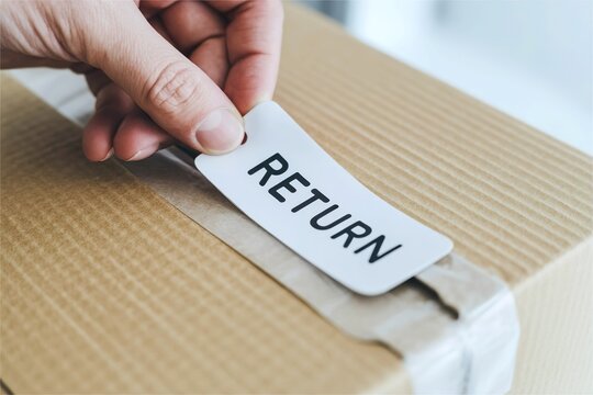 Hand place return label on cardboard package. Product return and logistics issue