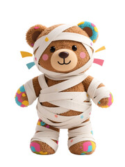 Halloween-themed mummy bear costume festive celebration plush toy colorful atmosphere playful viewpoint