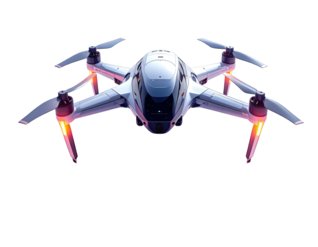 Front view of a modern, light-gray drone with glowing propellers