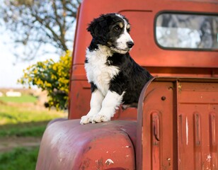 Puppy atop vintage truck, wildflowers
