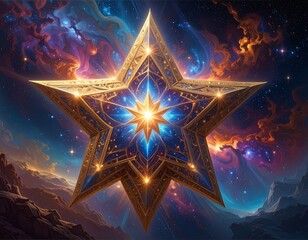 A magnificent, ornate star-shaped celestial object shines brilliantly in the vast expanse of space, surrounded by nebulous clouds of vibrant hues.