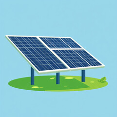 Flat vector illustration of a solar panel on green grass with blue sky background, clean energy and environmental concept
