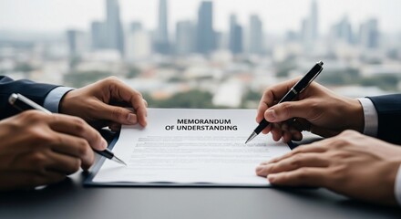 Business partners signing a Memorandum of Understanding agreement in a modern office with a city view.