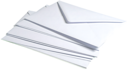 A stack of clean, blank white envelopes, arranged neatly with one envelope slightly angled on top. The envelopes have a classic, professional look, perfect for mockups.