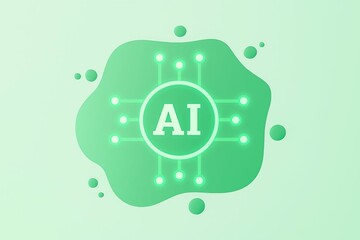 Abstract green ai brain graphic with glowing circuits and digital network connections on a soft gradient background