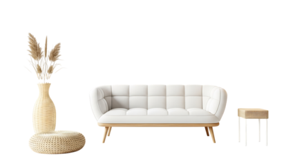 Elegant white sofa with decorative vase and side table isolated on transparent background, creating a serene and minimalist interior design concept