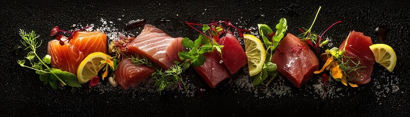 Fresh Assorted Sashimi with Herbs and Lemon Garnish