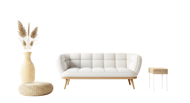 Elegant white sofa with decorative vase and side table isolated on transparent background, creating a serene and minimalist interior design concept