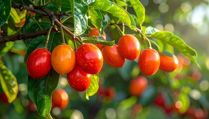 Fresh tamarillo plant tree with clusters of ripe tamarillo fruits, natural outdoor setting, healthy foliage, vibrant agricultural scene, close-up detail of leaves and fruit