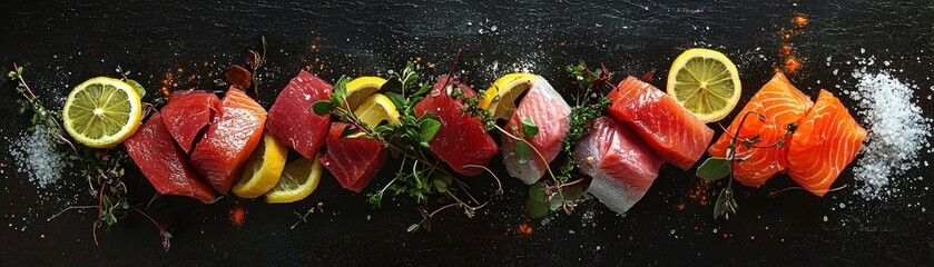 Fresh Assorted Salmon Sashimi on Black Slate