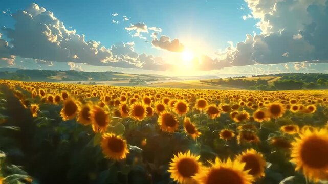 Sunflower Field Under Blue Sky with Clouds and Sun