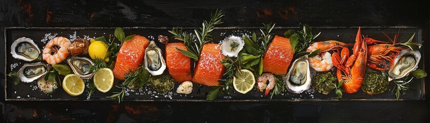 Fresh seafood platter with salmon, oysters, shrimp, and lobster