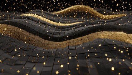 Abstract digital landscape of undulating black and gold blocks, speckled with golden particles against a dark background