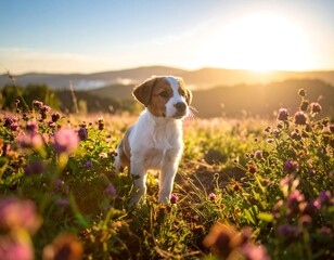 Puppy in a field of flowers at sunset