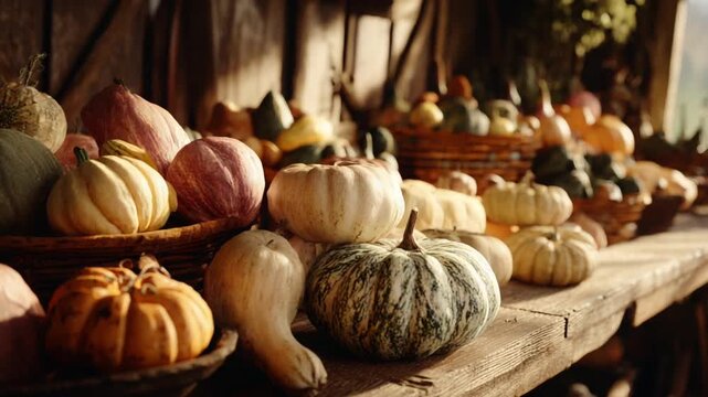 Colorful assortment of pumpkins on rustic table