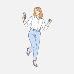 Illustration of a confident woman in formal attire dancing while looking at her smartphone as if celebrating something