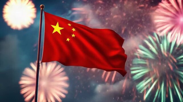 Vibrant fireworks illuminate the night sky, symbolizing national pride and celebration as the Chinese flag proudly waves, creating a powerful sense of unity and festive spirit