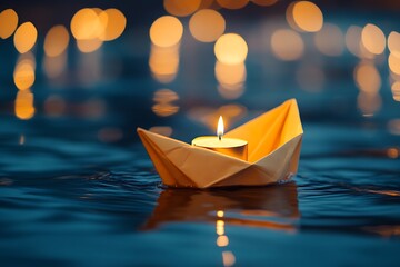 Serene Illuminated Paper Boat on Water at Dusk, Hopeful and Peaceful Mood, Warm Candlelight.