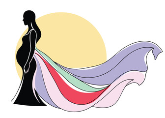 Pregnant woman silhouette with flowing colorful fabric dress