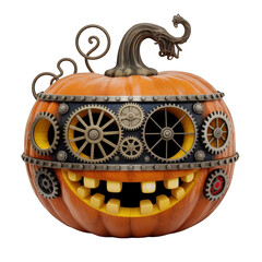 Steampunk pumpkin with gears for halloween decor on transparent background