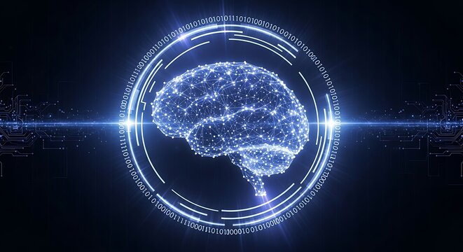 A digital representation of a brain, encircled by binary code and circuit board elements, highlighting the connection between technology and the human mind. - Powered by Adobe