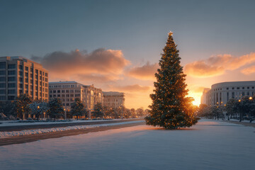 stunning urban christmas tree adorned with virtual gift projections stands majestically against serene winter