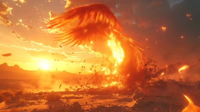 Phoenix Rising: Fiery Bird Emerges in Desert Landscape at Sunset