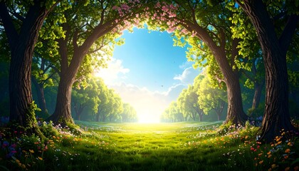 Sunlight path through blossoming trees