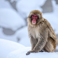 Naklejka premium A snow-covered Japanese macaque sits amidst a winter wonderland, showcasing its rich, natural coat and a captivating gaze.