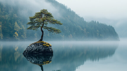 Serene misty lake with lone tree on rock island reflecting in still water a peaceful escape for nature lovers and mindful meditation practices