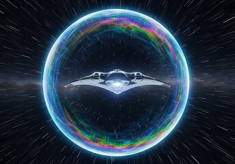 Futuristic starship soaring through a dynamic hyperspace tunnel with vibrant distortions and light speed, a