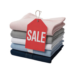 Stack of folded clothes with a sale tag on top on transparent background