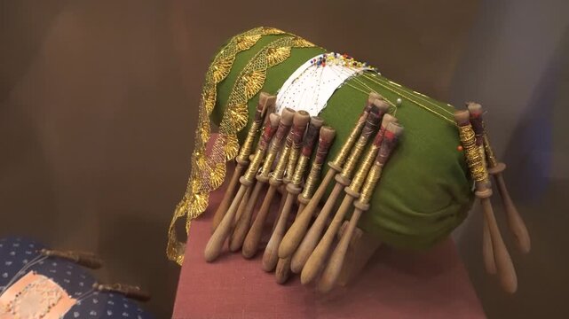 an old traditional Russian workplace and tools for the production of woven lace