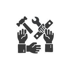 Fototapeta premium A striking graphic icon depicting hands and essential tools, symbolizing collaborative teamwork, construction, repair, and collective problem-solving efforts.