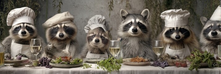 A group of raccoons dressed as chefs enjoying a gourmet meal together.