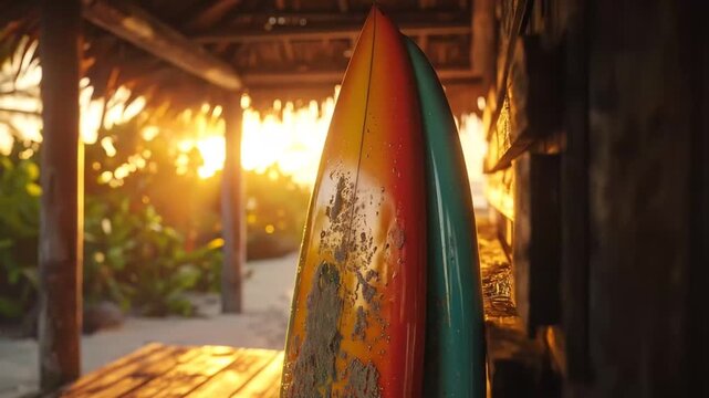 Surfboards at Beach Hut during Sunset