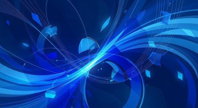 Dynamic abstract design featuring swirling blue lines and shapes, creating a sense of motion and technology.
