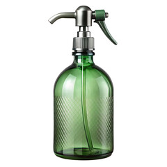 A vintagestyle green glass spray bottle with a metal nozzle and trigger, isolated on a transparent background, perfect for gardening or cleaning tasks