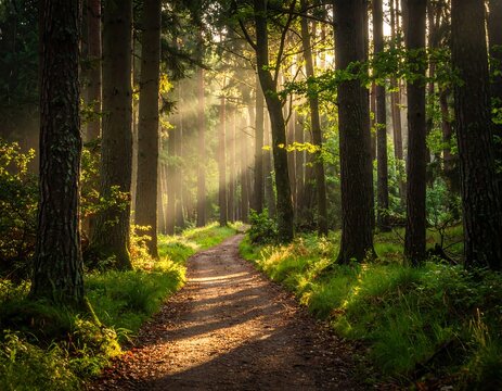 Sunlight streams through a dense forest, illuminating a winding path.