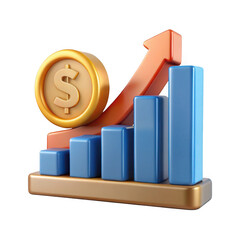 3d financial growth bar chart with golden coin and upward arrow isolated on transparent background