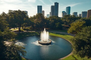 Serene Urban Oasis: Cityscape Fountain and Lush Park at Sunrise