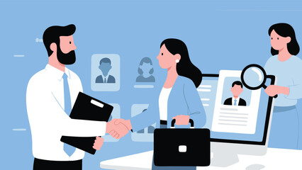 Fototapeta premium Business analysis 01 Job interview illustration with a handshake and candidate profiles on a computer screen