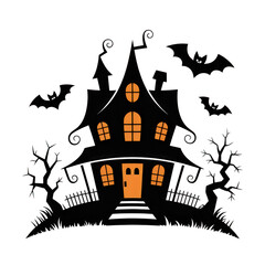 Spooky haunted house with bats for halloween night on transparent background
